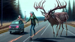 the deceased deer resurrects as an evil lovecraftian deerchad and chases an older drunk lady down the I90 highway