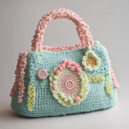 Crocheted Kids' Purse: An enchanting crochet handbag for children, crafted with delicate stitches and a blend of pastel colors. The purse boasts a charming design, possibly inspired by nature or fairy tales, adding a touch of whimsy to any outfit. The medium used is crochet, showcasing the artistry and creativity of the maker. The composition is intricate, with attention to detail evident in every stitch. The lighting highlights the texture and colors of the bag, creating a magical and captivati