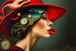 A surreal portrait of a woman in profile with a red wide-brimmed hat, in Dalí’s surrealist style. The hat morphs into flowing landscapes, clocks melt in the background, and the lips float as a separate surreal element. Dreamlike and bizarre with high detail. --v 7 --ar 2:3 --style raw --hd --q 2 --uplight --chaos 20