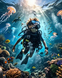 Make a image of a young boy wearing scuba gear, underwater with fish, jellyfish and bubbles. Low angle view looking up towards the surface of the Ocean, Photorealistic.