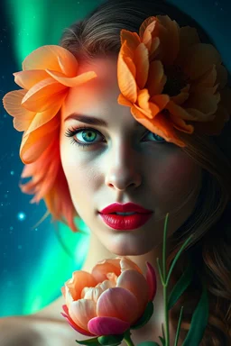 Bright peony flowers deconstructed in a foreground portrait of a beautiful woman with green eyes and a space and cosmos background with side portrait lighting. Double exposure and inverted image of the beautiful aurora borealis. Bright comets glow in an atmospheric haze. Harmony and symmetry in majestic beauty. Image in shades of orange, green, blue, red, yellow, delicate pink and red tones (saturated red lips, glowing blue eyes, golden brown hair).
