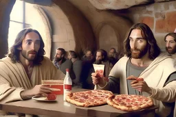 jesus and klopatra eating pizza in a pub