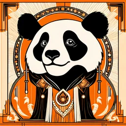 stylized panda queen in the style of tarot and art deco, orange and black colours