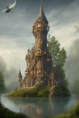 Fantasy three-story Gothic Tower, With A Side Building, On An Island, In A Lake, In Woodland, With A Flying Boat Overhead