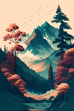 Beautiful nature, mountains, trees, beautiful, illustration.