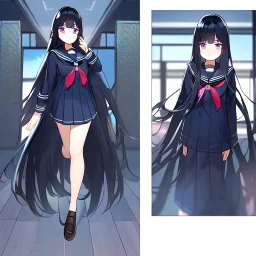 Clear focus,High resolution,High quality, Black long fluffy hair, long bangs, and purple eyes, wearing a sailor uniform, Full body, Medium Close up, High quality comic