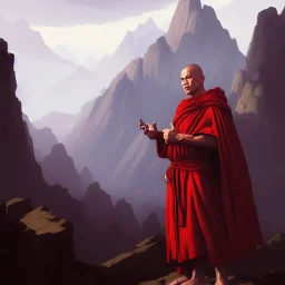 Portrait of a monk, red robe, mountain background, fog, face front, grimdark, Frank Frazetta, Greg Rutkowski, hyperdetailed, dnd, trending on Artstation, Splash screen art, dynamic lighting, hyperdetailed, intricately detailed, a masterpiece, 8k resolution