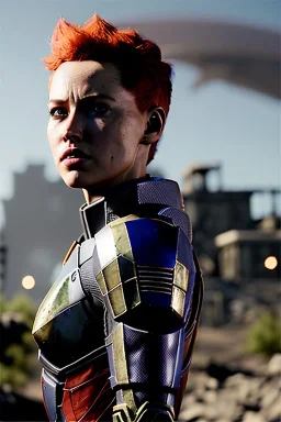 ultrarealistic, ruined city,__mass effect armor__, __angles__, 19 year old woman, strikingly beautiful, ginger hair, silver colour, [__starlets__|__starlets__], (pale __skincolor__ skin:1.2), __camera__, _hair_, detailed face and eyes, medium breasts, leather choker, freckles, dynamic pose, resolved expression, __accessory__, strappy outfit, (straps:1.1), sword in scabard on left hip, (buckles, buttons, snaps, rings:1.0), haltertop style breastplate, detailed eyes, plump lips, sci-fi theme