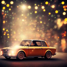 fiat 125p, city. high speed. bokeh. lens flare. warm lights. high detailed