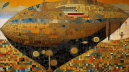 Pyramids on top of airships painted by Gustav Klimt