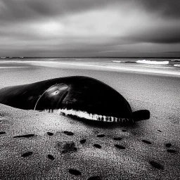 b&w photograph of beautiful sperm whale washed up on shore, face view, lifeless, debris, foamy wave, sand, rock, 8k resolution, high-quality, fine-detail, detailed matte, photography, illustration, digital art, Jeanloup Sieff, Moe Zoyari, Marc Adamus, Ann Prochilo, Romain Veillon