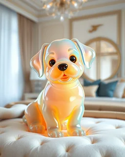 Generate image: Generate image: Generate image: A macro 3D render of a cute, lovely dog entirely of translucent, glossy,colored jelly material. it is sitting on conform in a luxury bedroom ,subsurface scattering and gelatinous texture . High-quality CGI, octane render, 8k resolution, whimsical, adorable, clean composition., in the style of Portraits, in the style of Portraits, 4:3