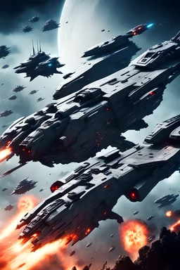 futuristic 4 space battleship fighting in brutal battlefield with 4 alien space battleship