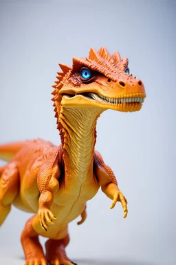 VELOCIRAPTOR ORANGE, BLUE EYES, YELLOW TEETH, ESCALE MODEL, 3D, HIGH QUALITY, MODERN ART, REAL SKIN, AND REAL APPARENCE