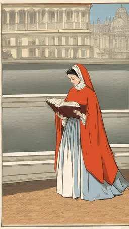 A woman wearing a veil and a wide skirt, and pictures from behind, is reading a book