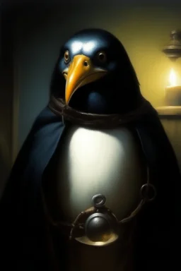 1970's dark fantasy cover dnd style oil painting frontal webcam picture of pengu the penguin, slave owner.