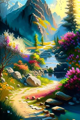 full light,highlight, trees, stone pathway, day, sun day, an idyliic mountains with bright colorful flowers, mountains, sun,flower, a small river, paradise, on a canvas. realistic art, brush, pencil, detailed