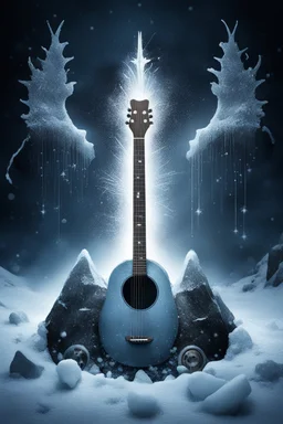 abyss containing rock music instruments in an icy winter with cold sparks flying with John Lennon