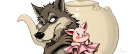 wolf carrying a lovely scared wtf are you up to, pig girl with dress under his arms, big kettle in the background , stupid cartoon, airbrush and pen outline