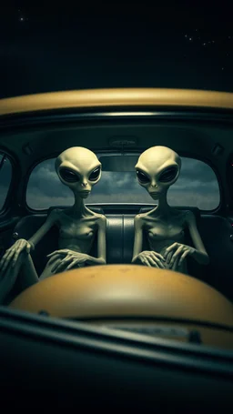 aliens sitting in an old car