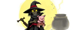 bad ninja witch wolf carrying a lovely scared wtf are you up to, pig girl with dress under his arms, big cauldron in the background , stupid cartoon, airbrush and pen outline in the style of fallout 4