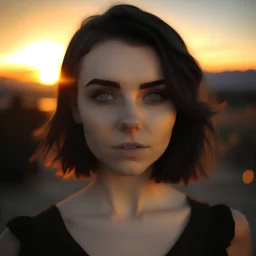 beautiful white girl, jawline, almond eyes, soft arch eyebrows, big lips, black short hair, black mini dress, sunset