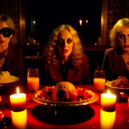 Spooky, ultra realistic distress, dining, ultra realistic hot woman, melted red ice, giant eye on a table, organic hot bondes, dynamic, anguish, excited and lively scene, hypermaximalist figures, Creepy the Ring Alfred Hitchcock, Sam Raimi, insanely detailed, sinister, John Carpenter, Dario Argento, ornate