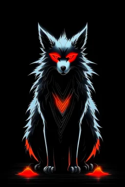 Super cool ghostly spiritual kitsune with menacing glowing eyes In a pitch-black room. It sits alone staring straightly and deeply at us, it has a painted-anime style.
