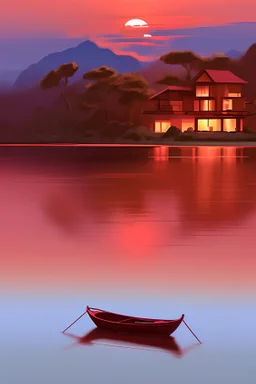 A charming villa, crimson sunset, a lone rowboat.