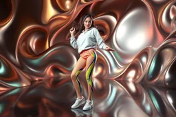 beautiful lady with todays modern clothing and sport shoes, in surreal stage made of 3d fractal random size recursive objects with helical strip colors in clothing similar to environment full body dancing to camera,animating background metallic random color and size recursive objects