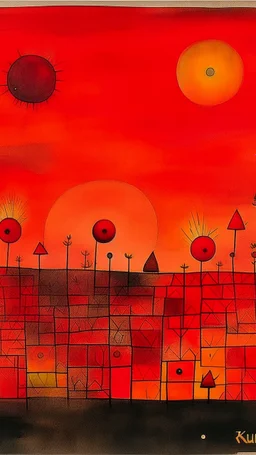 A red fiery sky with fireballs painted by Paul Klee