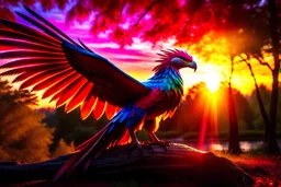 high dynamic range photograph with rich details in both shadows and highlight of a beautiful hyper-detailed proud phoenix made of colorful felt with extended wings, its head with its hooked beak, resting on a forest tree branch at sunset