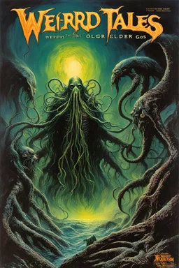 Classic "Weird Tales" Magazine cover, "The Wrath of the Elder Gods", vintage horror, by Bob Eggleton, expansive, brooding colors, lovecraftian, horror comic book art, text: "WEIRD TALES".