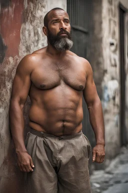 close up photography of an ugly 40 year old beefy robust burly marocan homeless, wearing his work shorts, shirtless, leaning with his back on the wall, crossing arms, dirty, sweat, wet, ajar mouth, hairy chest, , very virile, short beard, shaved hair,, , in a sunny street, photorealistic , frontal view from the ground