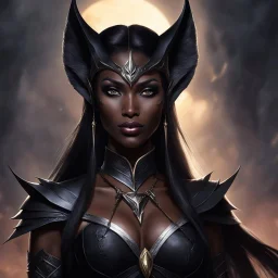 Behold, the obsidian huntress! Her beauty is as captivating as a storm cloud, with dark skin that gleams like polished ebony under the flickering torchlight. Pointed elven ears, reminiscent of a Castlevania vampiress, frame a face as striking as a panther's. A smile, both alluring and predatory, bares sharp fangs that glint with an unnatural sheen. Her eyes, the color of smoldering embers, seem to hold the secrets of forgotten battlefields.