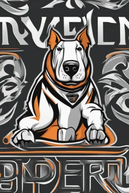 3/4 view bull-terrier hockey logo, thick lines, vector simplified, black white and orange