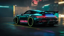Porsche 911 ultimate tuning Mansory Cyberpunk 2077 neon Style Rear View, Super Detailed, desktop wallpaper, 4K