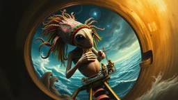 master oil painting by Rembrandt, roller coaster hypno psycho alien squid with rasta wig breast feeding with some bad ass power off shore oil platform cyber punk people experiencing gravity at its worst, pin hole cam, twisted perspective, goa trance music poster, awake within a dream