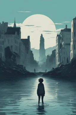 Art poster for a book about the city of Geneva. Dystopian fiction. No words. The character is standing in the lake. The character has dark messy hair.