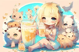 cute blonde chibi girl with an iced cocktail surrounded with cute chibi animals (mostly cats) in sunshine