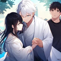 Girl with white hair wearing white robes. Boy with black hair wearing leather.