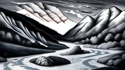 Draw a V-shaped valley with two mountain sides and a river in between. The left side is rocky, the right side softer. The river is wide and rough, with rapids. In the sky at the top left there is the moon and at the top right there is the sun, sun and moon must be equal in size. Use a watercolor style with bright, warm colors.