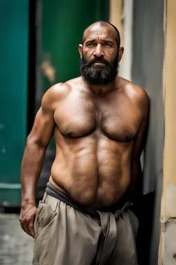 close up photography of an ugly 40 year old stocky big robust burly marocan homeless, wearing his work pants, shirtless, leaning with his back on the wall, crossing arms, dirty, sweat, wet, ajar mouth, hairy chest, , very virile, short beard, shaved hair,, , in a sunny street, photorealistic , frontal view from the ground