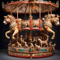 Antique circus carousel (merry go round) meticulously carved, with intricate details, showcasing a menagerie of life-size creatures moving in graceful rhythm, anatomically accurate mythological creatures like Griffins, unicorns with wings, along with large decorated rabnits, tigers, and black bears, hand painted with expressive, grotesque faces. fantastical creatures art style is flamboyant, magical, early 20th century, overexaggerated, realism, surrealistic atmosphere, grotesque, alive-like sc