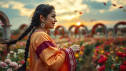 Hyper Realistic Photographic Close Side View Of A Beautiful Pashto Woman (With Beautiful Eyes Lips & Nose, & Long Black braid Hairstyle Whirling; Wearing Beige & Orange Gradient Frock With Maroon & Purple Stripes & white embroidery) Happily Whirling & Dancing In A Beautiful Colorful Flower Garden With Fancy Stone Arches & Rose Petals Whirling At Beautiful Cloudy Sunset Showing Dramatic & Cinematic Ambiance.