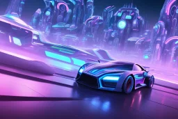 futuristic tron city landscape, flying cars, robots, blue and purple neon