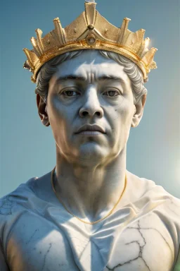 Ultra Realistic image, classic sculpture, white marble material, Maradona, gold laurel leaves crown, gold veins, gold ornaments, sun rays background, waist up portrait, epic, celestial, cinematic lighting, God lights, 4k resolution, smooth details, soft lighting, unreal engine 5, art station, substance 3d.