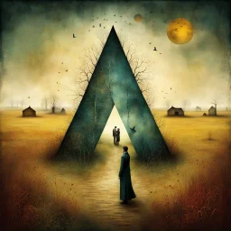 surreal color ink illustration, Style by Gabriel Pacheco and VS Gaitonde and Alexander Jansson and Vladimir Kush, abstract art, a metaphorical representation of the ephemeral triangular relationship of love rivalries, gestalt lunatic grass shine, warm colors, sinister, surreal masterpiece, dynamic diagonal layout composition, juxtaposition of the uncanny and the banal, sharp focus, weirdcore, never-before-seen