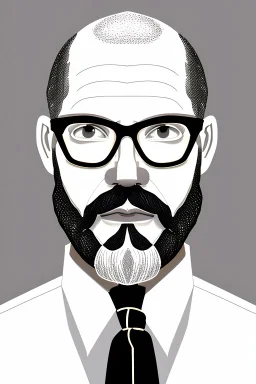 black and white,real estate agent,bald white male with bushy grey beard,55 years old,metal wire frame glasses,, necktie,portly,detailed drawing,white background