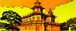 A yellowish orange fiery Japanese royal palace painted by Andy Warhol